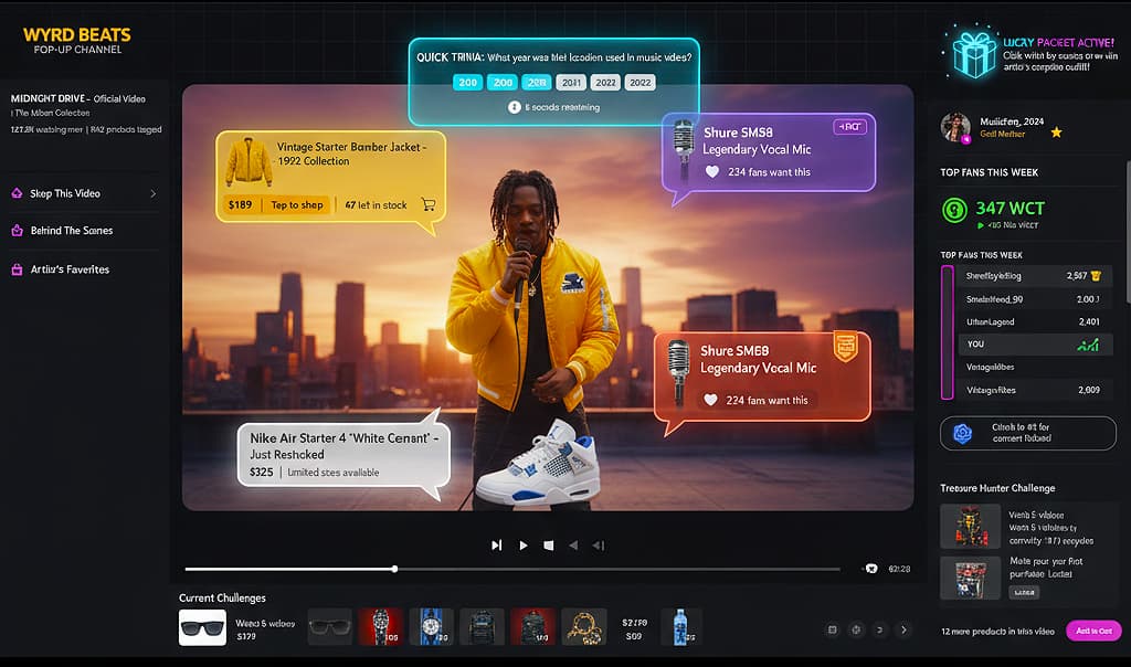 WYRD Beats shoppable pop-up channel — trivia, product tags, leaderboard